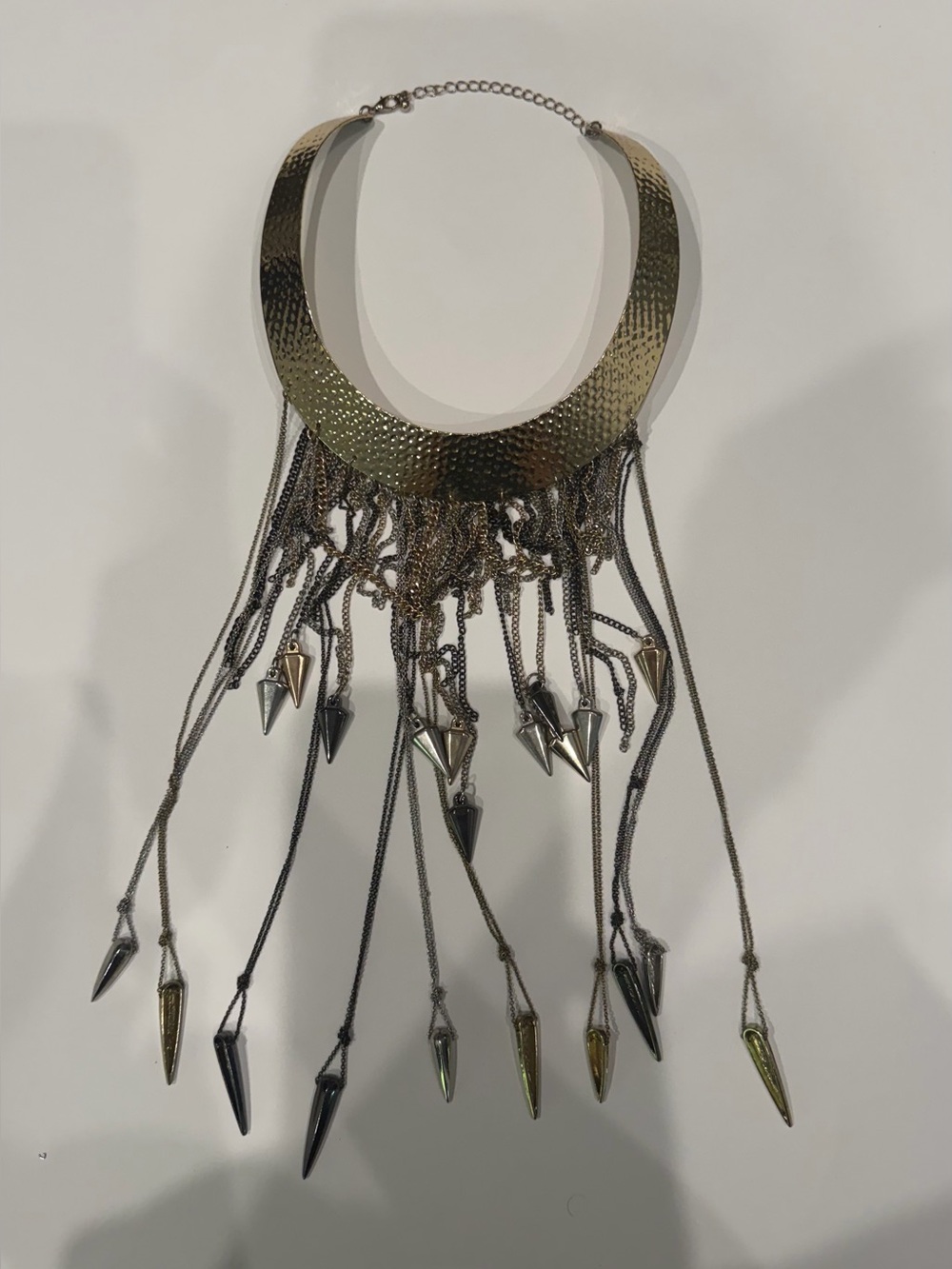Textured Gold Fringe Collar Necklace with Metallic Spike Drops